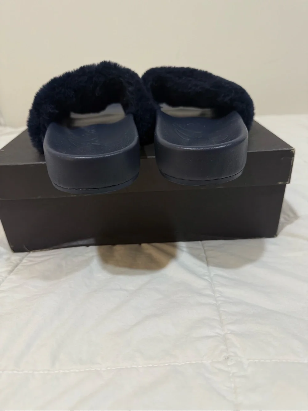 J. Crew Navy Pacific Fluffy Strap Faux Fur Slide Sandals BA189 Leather